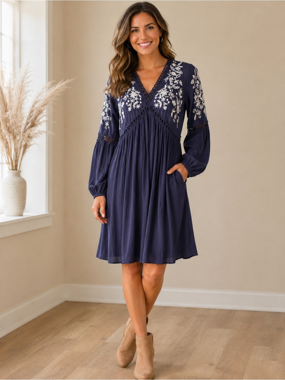 Blue Rain Boho Embroidered Tunic Dress